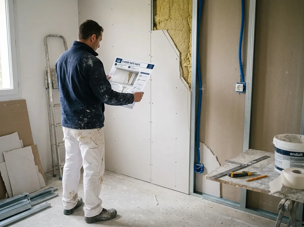 Plan de placo imprimé utilisé sur un chantier français